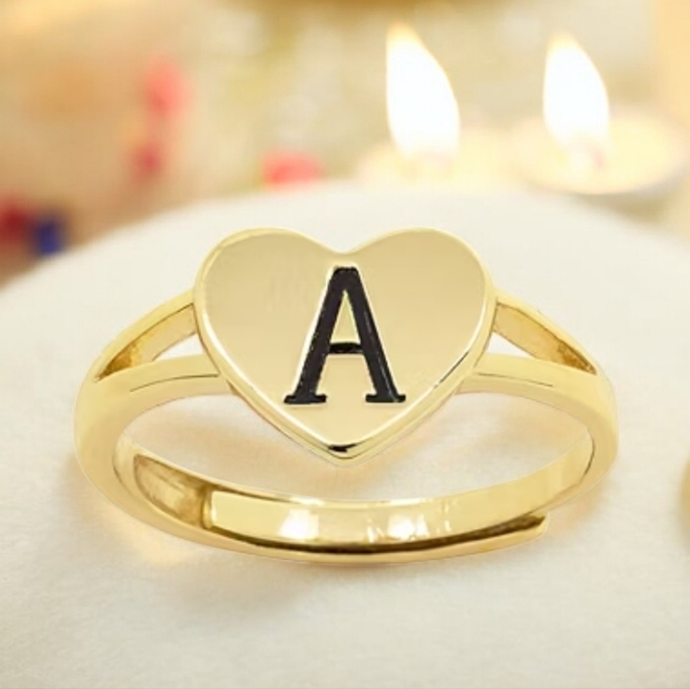 Gold Heart Women's Initial A Adjustable Gold Plated Ring With Gift Box